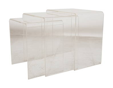 Modern U-Shape Lucite Nesting Tables, 3: Set of Three Modern U-Shape Lucite Nesting Tables. Largest: 18" H x 17.5" W x 11.5" D. Provenance: From a New York City Collection. Keywords: Vintage Furniture, Modernist, Modernism, Acrylic, Graduate