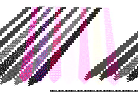 Hermes Silk Men's Ties, 7: Group of Seven Hermes Silk Men's Ties,each marked "Hermes / Paris" and "100% silk". Longest: 58.75 L x 3.5" W. Provenance: From a New York City Collection. Keywords: Fashion, Menswear, Business attire