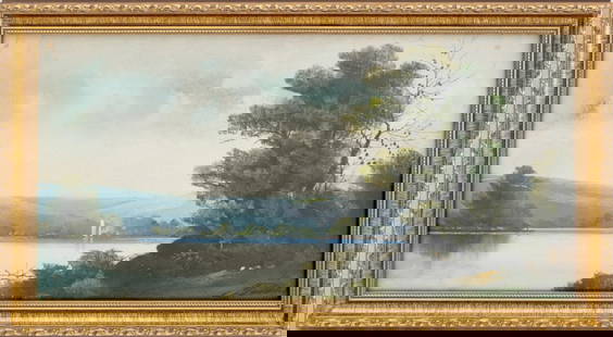 American School River Landscape Pastel, 19th C.: American School, River Landscape Scene, Pastel on Paper, 19th century, illegibly signed lower right, giltwood frame. 9.25" H x 19" W' frame: 11.5" H x 21.25" W x 0.75" D. Provenance: From a Fifth Aven