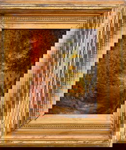 Illegibly Signed Forest Landscape Oil on Canvas: 20th Century School, Forest Landscape Scene, Oil on Canvas, illegibly signed lower left, giltwood frame. Image: 9.25" H x 7" W; frame: 15.25" H x 13" W. Keywords: Painting, Oil painting, Works on Canv