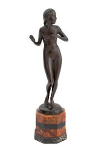 Lissy Eckart Standing Nude Woman Bronze Sculpture: Lissy Eckart (German, 1891-1974) Standing Nude Woman Patinated Bronze Sculpture, monogrammed and marked "Reiter Munchen" to reverse, mounted on octagonal red and black marble plinth. Overall: 12.75" H