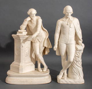 Parian Ware Shakespeare Sculptures, 2: Two Parian Ware William Shakespeare Sculptures, 19th century, one figure standing beside an ivy-covered tree stump and with impressed "13/31" and maker's marks to underside, and one leaning on a stack