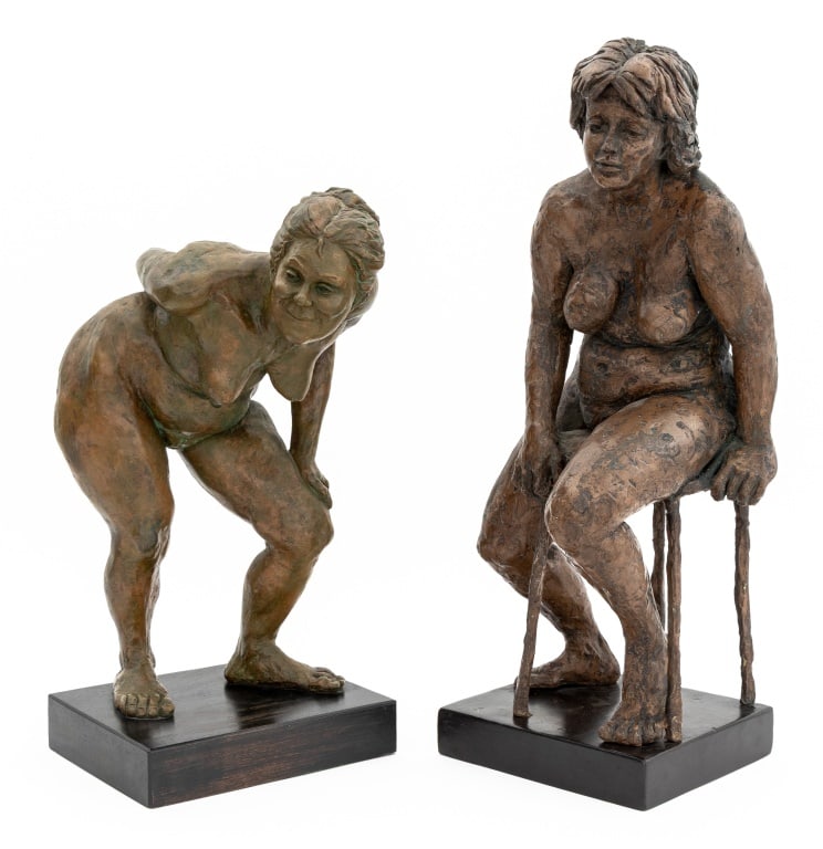 Contemporary Nude Women Bronzed Resin Sculpture, 2: Two Contemporary Nude Woman Bronzed Resin Sculptures, one depicting woman leaning over, other seated in chair, ebonized wood bases. Larger: 23.5" H x 9" W x 8" D. Provenance: From the Fifth Avenue Est