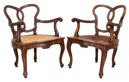 Venetian Rococo Style Walnut Low Armchairs, Pair