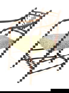 Regency Style Faux Bamboo Open Armchair: Regency Style Faux Bamboo Arm Chair, with upholstered seat. 30.75" H x 20.5" W x 18.5" D; seat: 16" H. Provenance: The Upper East Side Estate of Anne Kaufman Schneider, the daughter of Pulitzer Prize-