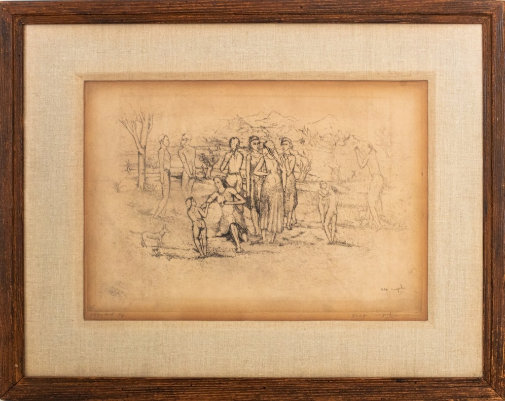 Philip Evergood "Happy Land" Etching: Philip Evergood (American, 1901-1973), "Happy Land", Etching on Paper, numbered edition "5/20", signed in plate and in pencil lower right, House of Heydenryk wood frame. Image: 12.5" H x 17.5" W; fram