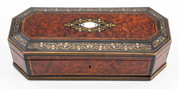 Napoleon III Maison Tahan Thuya Wood Glove Box: Napoleon III Maison Tahan Thuya Wood Glove Box, 19th century, with parquetry and mother-of-pearl inlay, opening to a blue silk interior, stamped "Tahan Boul des Italiens, 11" to the brass locking mech