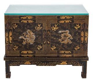 Chinese Dragon Motif Black Lacquered Cabinet
