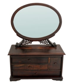 Chinese Rosewood Jewelry Cabinet with Oval Mirror