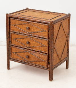 Contemporary Faux Bamboo Rattan Chest of Drawers: Contemporary Faux Bamboo and Rattan Chest of Drawers, with three drawers on four supports. 27" H x 24" W x 17.25" D. Provenance: From a 60 East End Avenue Estate. Keywords: Vintage Furniture, Dresser,