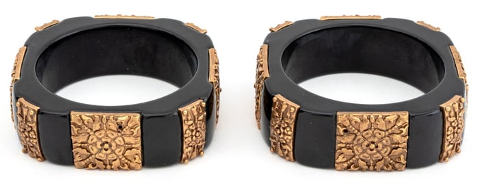 Modern Black Resin Silver Plate Bangles, Pair