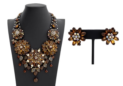Amber Glass & Rhinestone Jewelry Set, 2