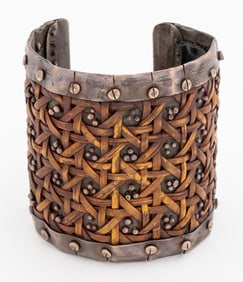 Silver, Leather, and Twine Basketweave Cuff