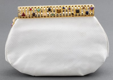 Judith Leiber Gem Mounted White Leather Clutch