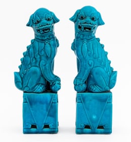 Chinese Blue Glazed Foo Dog Bookends, Pair