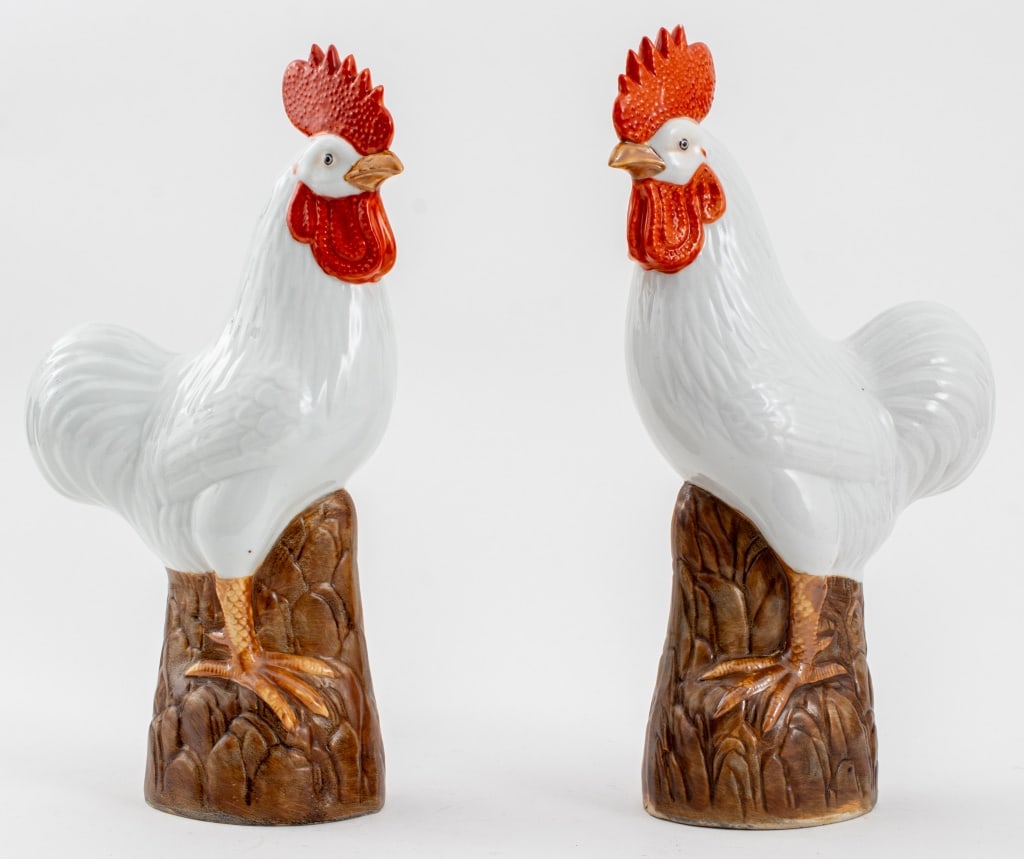Chinese Export Porcelain Rooster Sculptures, Pair (1 of 8)