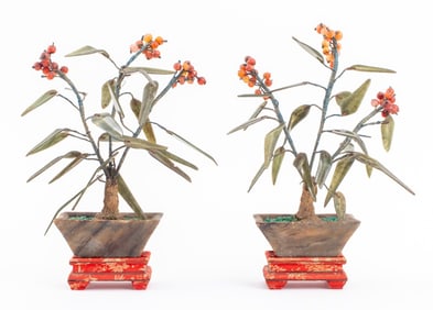 Chinese Hardstone Sea Buckthorn Plants, Pair