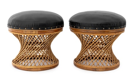 Modern Circular Bamboo and Wicker Stools, Pair