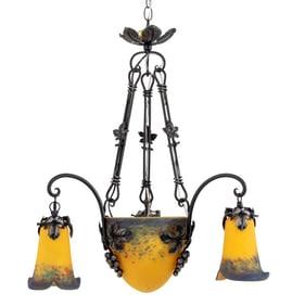 French Art Glass and Wrought Iron Chandelier