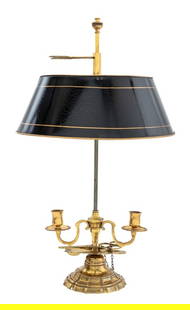 Tole Peinte Gilt Brass Bouillotte Lamp: Black and Gilded Tole Peinte Shade and Gilt Brass Bouillotte Lamp, the base with two candleholders and wick trimmer, the fixture with two light bulb fittings. 22" H x 12.75" W x 8.75" D. Provenance: F