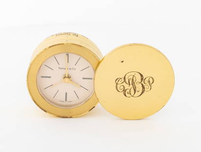 Tiffany & Co. Brass Travel Alarm Clock: Tiffany and Company Brass Travel Alarm Clock, initialed "CBP" to top, marked "For Courtney / Love, Charlotte and David" and "Congratulations / Columbia University / Phi beta Kap[pa / May 1992" to side