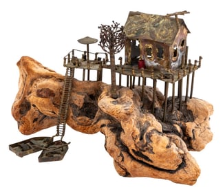 Folk Art Brass and Driftwood Harbor Sculpture