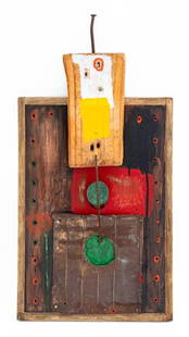 Uri Shulevitz Painted Wood Assemblage Sculpture: Uri Shulevitz (Polish/American, 1935-2025) Painted Wood Assemblage Sculpture, 1993, with embedded nails and metal wire, initialed and dated lower left. 20.25" H x 10.5" W x 3.5" D. Provenance: From an