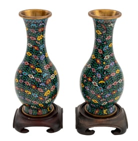 Chinese Cloisonne Floral Design Vases, Pair