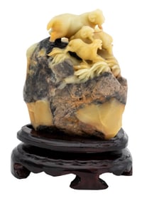 Chinese Goats on Cliff Jadeite Sculpture