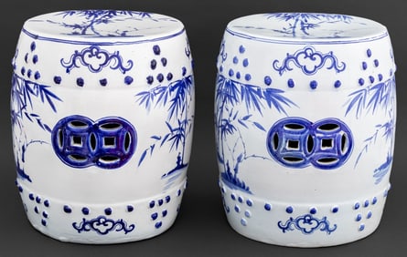 Thai Chinese Style Blue & White Ceramic Stools, 2