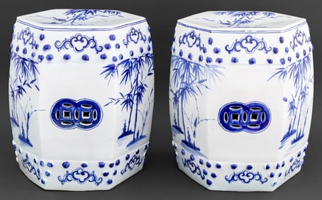 Thai Chinese Style Blue & White Ceramic Stools, 2
