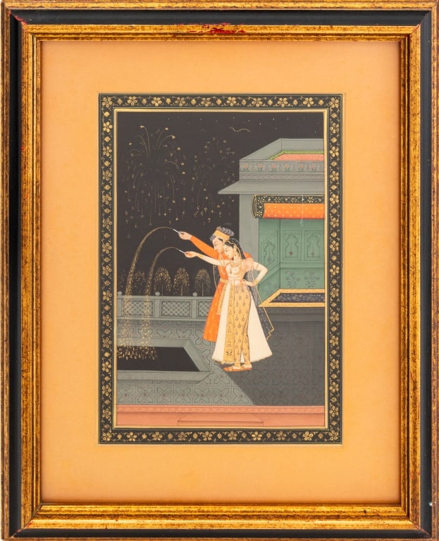 Mughal School Couple Watching Fireworks Gouache: Indian Mughal School, Couple Watching Fireworks, Gouache on Paper, 19th century, ebonized and giltwood frame. 9.75" H x 6.75" W; frame: 15" H x 12.25" W x 1" D. Provenance: From a Fifth Avenue Estate.