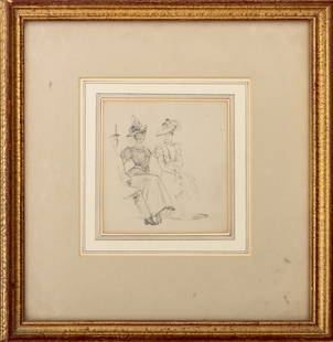 American School Society Ladies Pencil on Paper: American School, Society Ladies, Pencil on Paper, late 19th century, giltwood frame. Image: 4.25" H x 4" W; frame: 11.5" H x 10.75" W x 1" D. Provenance: The Upper East Side Estate of Anne Kaufman Sch