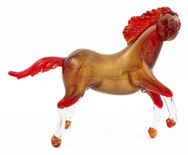 Murano Venetian Art Glass Rearing Horse: Murano Venetian Art Glass Rearing Horse, in red with gold flecks, unmarked. 10.5" H x 13" W x 4.75" D. Provenance: From an Upper East Side Estate. Keywords: Statue, Sculpture, Figurine, Studio glass,