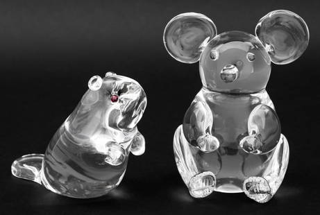 Steuben, Etc. Crystal Animal Figurines, 2: Two Crystal Animal Figurines, comprising: Steuben beaver with red glass eyes, signed "Steuben" to underside, and Royal Krona Folke Walving seated bear, signed and numbered "RK08001 / F. Walving" to un