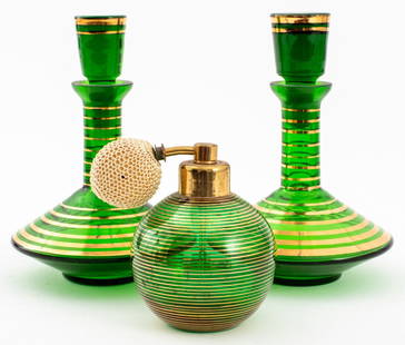 Irving Rice & Co. Glass Perfume Bottles, 3: Three Irving Rice and Company Emerald Green Glass Perfume Bottles, comprising: pair of bottles and one atomizer, each with gilt painted design and "MADE IN GERMANY U.S. ZONE / AN / Irice / IMPORT / IR
