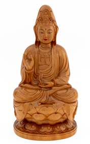 Chinese Carved Wood Seated Guanyin Sculpture