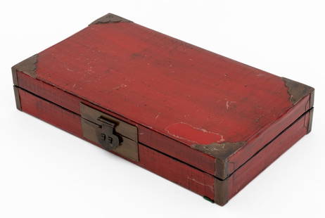 Chinese Red Lacquered Document Box: Chinese Red Lacquered Document Box, with black lacquered interior, brass lock and corner mounts. 2.5" H x 13" W x 7.25" D. Provenance: From a West 12th Street Estate. Keywords: Asian Art, China, Desk