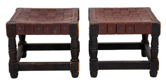Jacobean Style Webbed Leather Stools, Pair