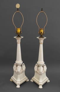 Italian Porcelain Columnar Swan Lamps, Pair: Pair of Italian Porcelain Columnar and Swan Motif Table Lamps, with gilt trim on triangular base, marked "Italy" to underside. 31.5" H x 8" W x 7" D. Provenance: From a New York City Collection. Keywo
