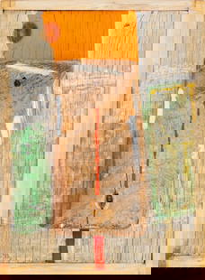 Uri Shulevitz Wood and Paint Assemblage Sculpture: Uri Shulevitz (Polish/American, 1935-2025) Wood and Paint Assemblage Sculpture, 1993, with embedded nail, initialed and dated lower left. 13.5" H x 10.25" W x 3.75" D. Provenance: From an Upper East S