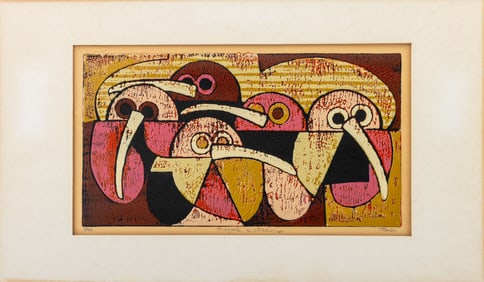 Al Robi "People Watchers" Linocut