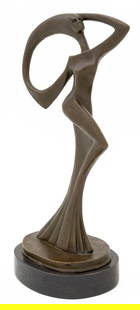 Modern Abstract Standing Female Bronze Sculpture: Modern Abstract Standing Female Bronze Sculpture, signed "Milo" to base, mounted on ebonized base. 13.5" H x 5.75" W x 4.75" D. Provenance: From a New York City Collection. Keywords: Statue, Figurine,