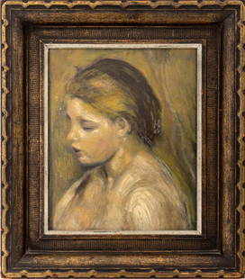 After Renoir "Portrait of a Woman" Print on Panel: After Pierre-Auguste Renoir, "Portrait of a Woman", Hand-Embellished Print in Colors on Panel, Oscar Karsner giltwood frame. Image: 12.25" H x 10" W; frame: 18.5" H x 16.25" W x 1.75" D. Provenance: F