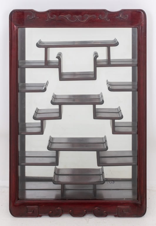 Chinese Wall-Mounted Mahogany Vitrine: Chinese Wall-Mounted Mahogany Vitrine, with mirrored back and glass door. 37.5" H x 18" W x 3.25" D. Provenance: Property from a private residence designed and furnished by James Mont at 370 East 76th