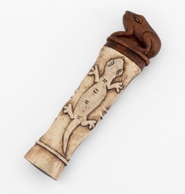 Lizard & Frog Motif Carved Bone & Wood Vial