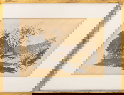 Frederick Harris "Trees Against the Sky" Sumi-e: Frederick Harris (American, 1932-2010), "Trees Against the Sky", Sumi-e on Paper, iron red character stamp to the lower right, Kato Gallery label to the reverse, ebonized and giltwood frame. Image: 9.