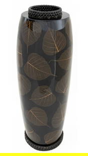 Japanese Black Lacquered and Pressed Leaf Vase: Japanese Black Lacquered and Pressed Leaf Vase, with ebonized rattan top and lower rim. 22" H x 7.5" Diameter. Provenance: From a 57th Street Estate. Keywords: Asian Art, Floral, Foliate, Umbrella sta