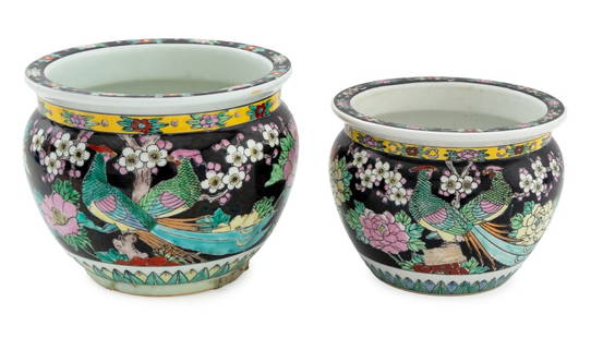Japanese Famille Noir Porcelain Jardinieres, 2: Group of Two Japanese Famille Noir Porcelain Jardinieres, with pheasants among cherry blossoms and blooming peonies, smaller marked "Gold Imari / Handpainted" to underside and larger marked "Handgemal