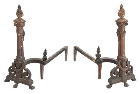 Neoclassical Style Bronze Andirons, Pair: Pair of Neoclassical Style Bronze Andirons, with fluted columns and garland on three paw feet. 18" H x 8" W x 19" D. Provenance: From a 20 East 74th Street Estate. Keywords: Firedogs, Dog-Iron, Chenet